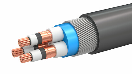 The structure of the electrical wire on a white background. Power three-phase shielded cable with insulation. 3d illustration