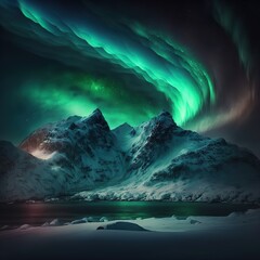 illustration of green Northern lights in the sky above the mountains of Norway. Night sky with polar lights. AI