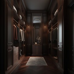 Luxury modern dark wood dressing room. AI