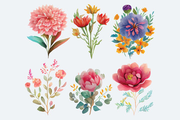 Fototapeta na wymiar collection of flowers Beautiful Watercolor set of Design Ornaments