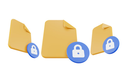 3d render file locked icon with orange file paper and blue locked