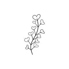 Branch with hearts in black isolated on white background. Vector doodle sketch illustration in simple vintage engraved style. HAppy st. Valentines day, love concept, gift, heart leaves.