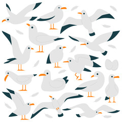 Seagull birds flat icons set. Cute cartoon wild birds with short legs, long wings, and white and grey feathers