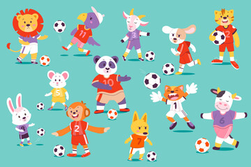 Funny Cartoon Animal Football Players. Sport Soccer Game Wildlife Characters