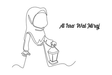 Continuous one line drawing Happy muslim girl with lantern celebrating islam events. Isra miraj. Isra Miraj Islamic events concept. Single line draw design vector graphic illustration.