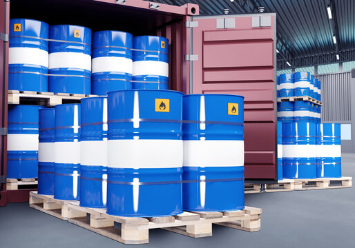 Barrels oil on pallet. Marine shipping container inside hangar. Transportation of fuel in blue barrels. Barrels with symbol flammable for oil. Distribution warehouse petroleum products. 3d image.