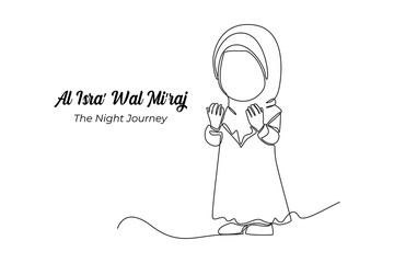 Continuous one line drawing girl muslim praying with hands. Isra miraj. Isra Miraj Islamic events concept. Single line draw design vector graphic illustration.