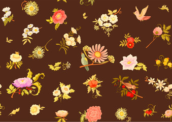 Fantasy flowers and birds in retro, vintage, jacobean embroidery style. Millefleurs seamless pattern, background. Vector illustration. Multicolor.
