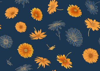 Calendula medicinal herbs and flowers seamless pattern, background. Vector illustration. - obrazy, fototapety, plakaty