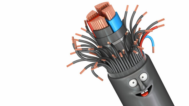 Electric wire smiles. The structure of the amazing power cable. The happy face of the electric image. Funny cartoon character. 3D illustration