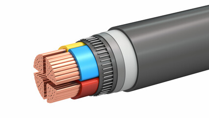 Powerful copper wiring in section. The structure of electrical wire. Cable with four conductors is used when organizing three-phase networks with different voltages. 3D illustration