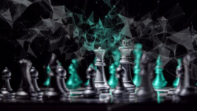 Rotating chessboard with pieces and digital graphics elements, chess notation, video loop