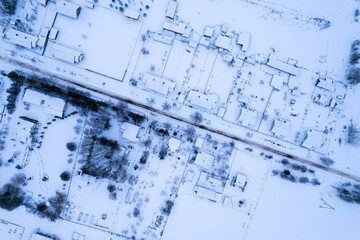 Top view of the winter panorama of the Vileysky reservoir and the village