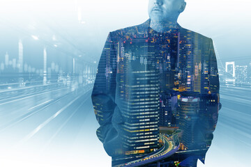 Financial technology concept. Businessman next to financial charts. Concept work in field of financial technology. Man on background of city. Double exposure investment background. Fintech industry - obrazy, fototapety, plakaty