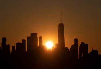 Sunset in the center of the Manhattan downtown skyline in New York City. 