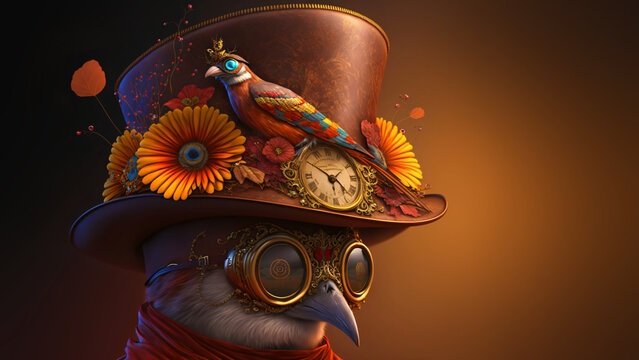 crazy bird with steampunk hat and glasses, generative ai
