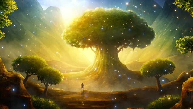 A giant ancient tree is seen in the distance by a tiny human figure in a fantasy landscape filled with lights floating in the ambient. Camera movement advance. Digital painting and 3d rendering