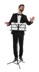 Professional conductor with baton and note stand on white background