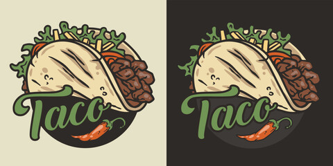 Taco vector with meat and vegetable for logo or emblem. Traditional mexican fast food. Tacos Mexico food with tortilla, leaves lettuce, cheese, tomato, forcemeat, sauce