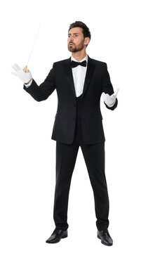 Professional conductor with baton on white background