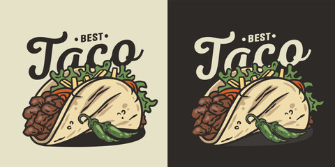 Taco vector with meat and vegetable for logo or emblem. Traditional mexican fast food. Tacos Mexico food with tortilla, leaves lettuce, cheese, tomato, forcemeat, sauce