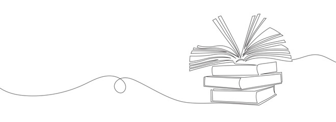 Continuous line drawing of a book. Stacks of books.