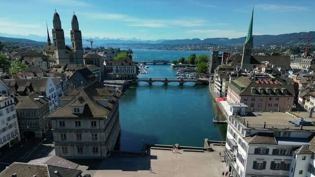 Aerial drone view of grossmunster old town zurich switzerland