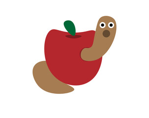 Worm impressed coming out of the red apple. Vector with brown worm on fruit