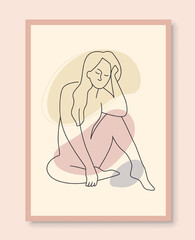 Female line poster. Fashion, trend and style, erotica and romance. Abstract creativity and art, continuous line, sketch and freehand drawing on beige background. Cartoon flat vector illustration