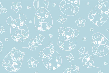 Easter eggs seamless pattern. Repeating design element for printing on fabric. Spring holidays, culture and traditions. Hare with egg. Flora and fauna concept. Cartoon flat vector illustration