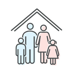 Color adoption family icon. Man and woman with children stand under roof. Infertility and health problems. Charity and kindness, happy couple with daughter and son. Cartoon flat vector illustration
