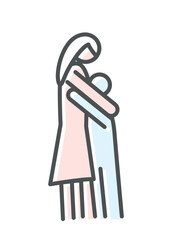 Color mom with son icon. Woman hugging little boy, poster or banner for website. Logotype for company or organization, branding. Minimalist creativity and art. Cartoon flat vector illustration