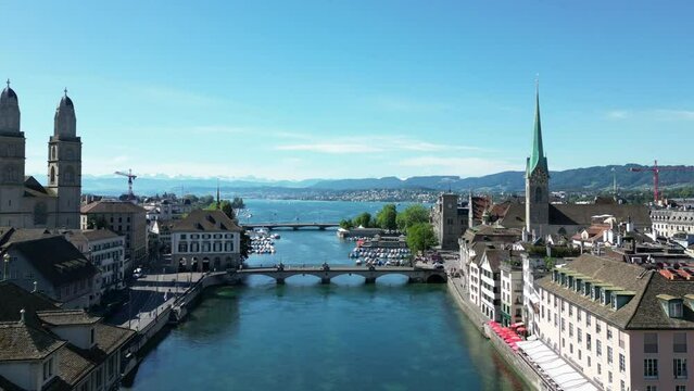 Aerial drone view of downtown zurich lakeside in summer on a sunny day