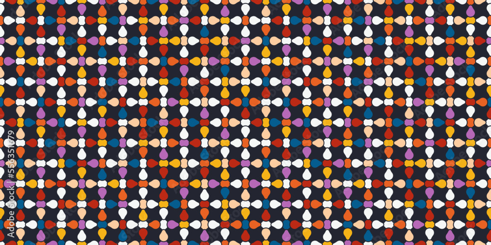 Poster mosaic of colored shapes on a black background. print and stylish illustration. seamless vector patt
