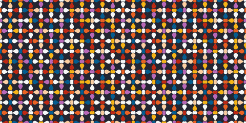 Mosaic of colored shapes on a black background. Print and stylish illustration. Seamless vector pattern or wallpaper.