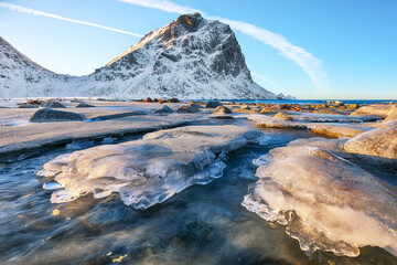 Gorgeous winter scenery on Uttakleiv beach at morning
