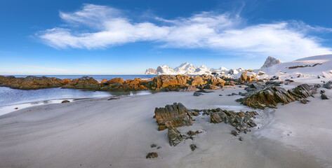Astonishing winter scenery on Storsandnes beach in the morning. © pilat666