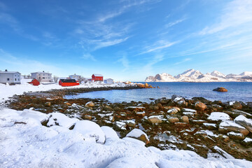 Picturesque winter scenery on Storsandnes fishing village and beach.