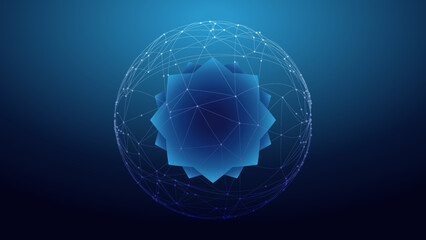 A background which depicts a flower in a sphere, all in blue tones, in vector.