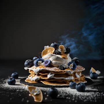 Banana Oat Pancakes with Blueberries. Pancakes Close Up.