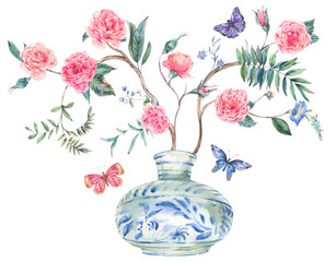 Watercolor garden rose bouquet, blooming tree, Chinese blue vase illustration isolated on white