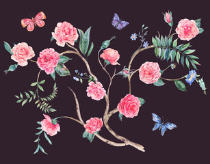 Watercolor garden rose bouquet, blooming tree, Chinoiserie illustration isolated on black