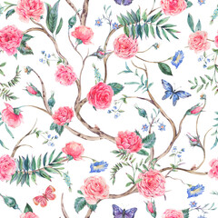 Watercolor garden rose bouquet, blooming tree seamless pattern, Chinoiserie floral texture on white - 556353072