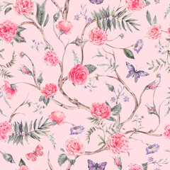 Watercolor garden rose bouquet, blooming tree seamless pattern, Chinoiserie floral texture on pink - 556353081