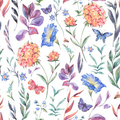 Watercolor botanical wildflowers seamless pattern, natural texture on white