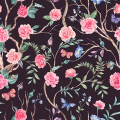 Fototapeten Watercolor garden rose bouquet, blooming tree seamless pattern, Chinoiserie floral texture on black © depiano