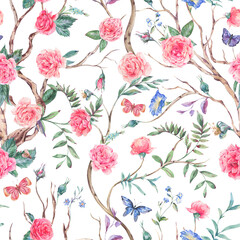 Watercolor garden rose bouquet, blooming tree seamless pattern, Chinoiserie floral texture on white