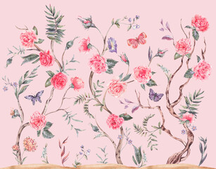 Watercolor garden rose bouquet, blooming tree, Chinoiserie illustration isolated on pink