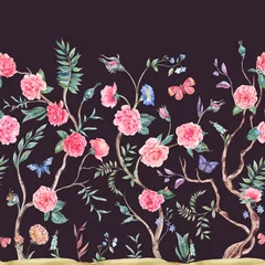 Meubelstickers Watercolor garden rose bouquet, blooming tree seamless border, Chinoiserie floral texture on black © depiano