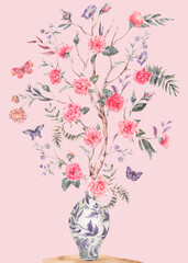 Watercolor garden rose bouquet, blooming tree, Chinese blue vase illustration isolated on pink
